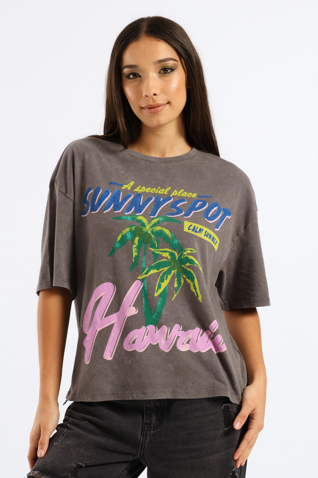 Oversized Washed Tropical Tee - Charcoal
