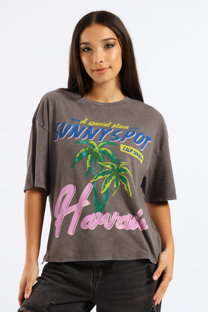 Oversized Washed Tropical Tee - Charcoal