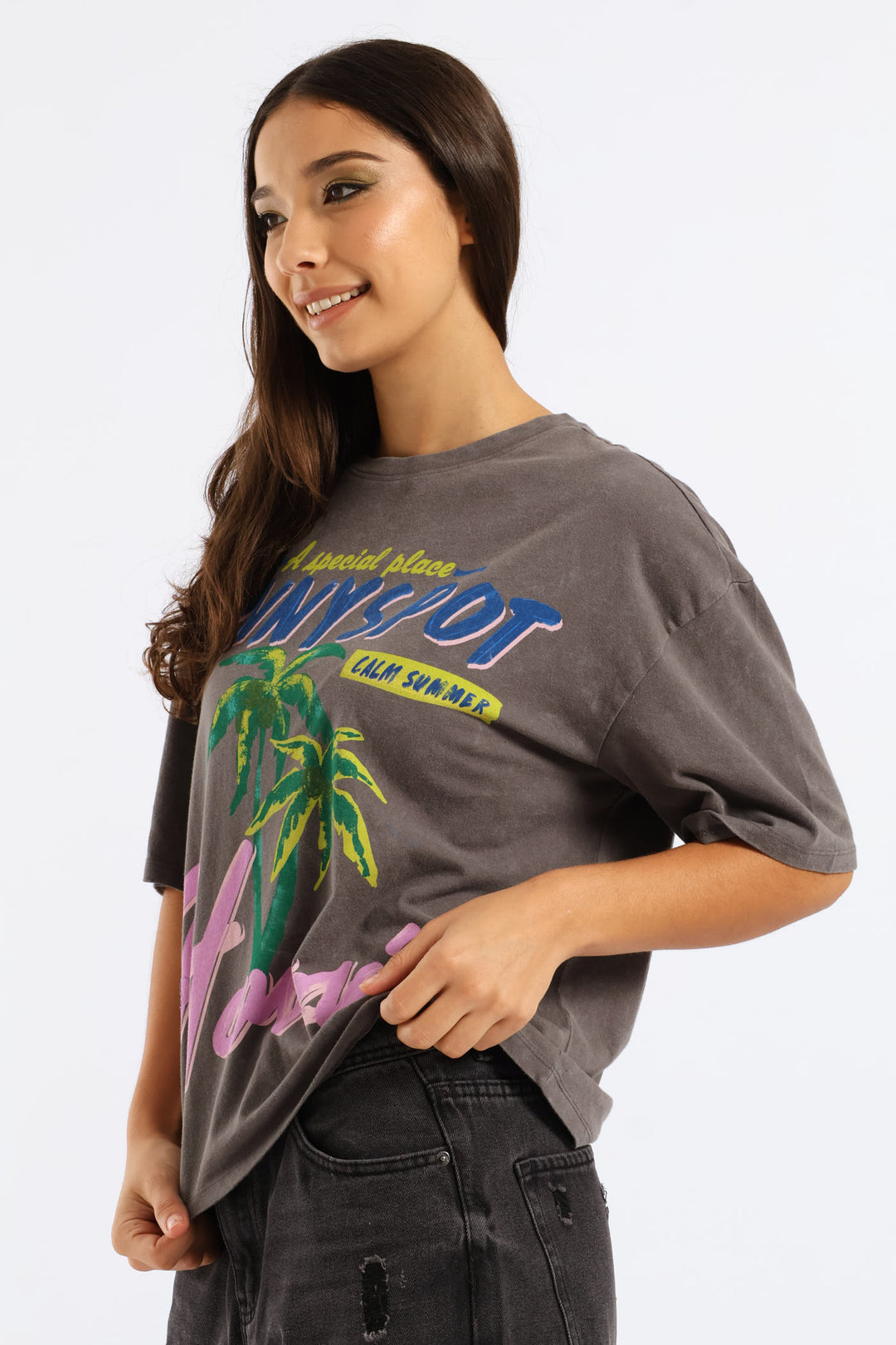 Oversized Washed Tropical Tee - Charcoal