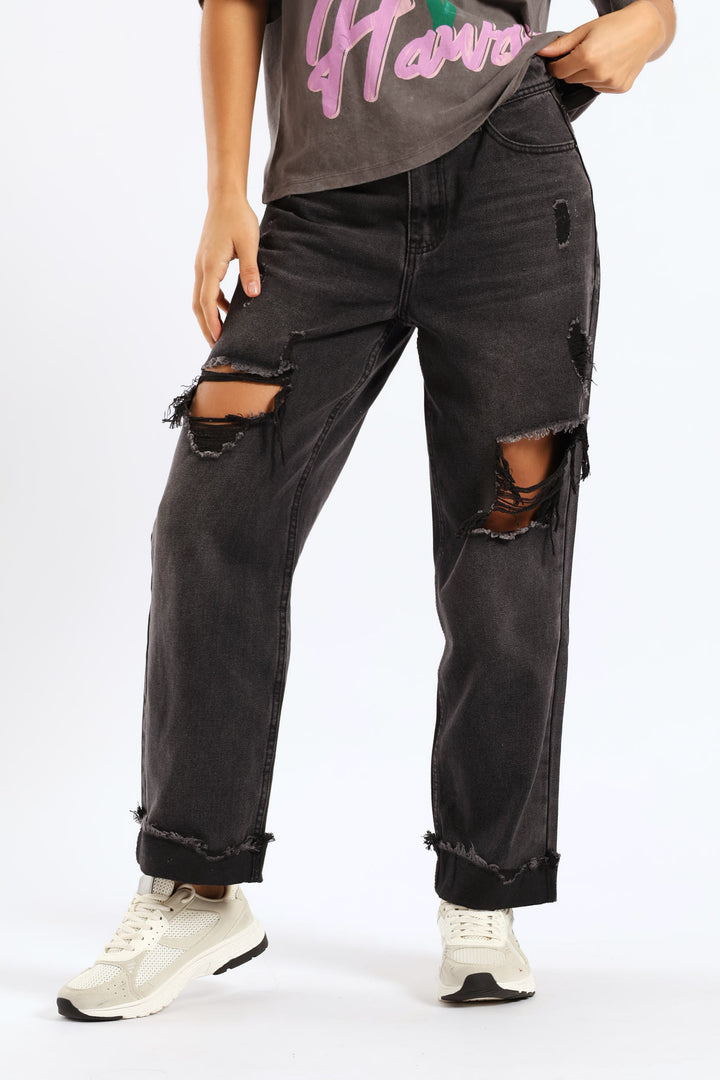 Ripped Knee Boyfriend Jean - Salty Black