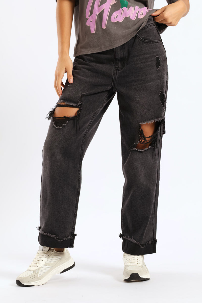 Ripped Knee Boyfriend Jean - Salty Black