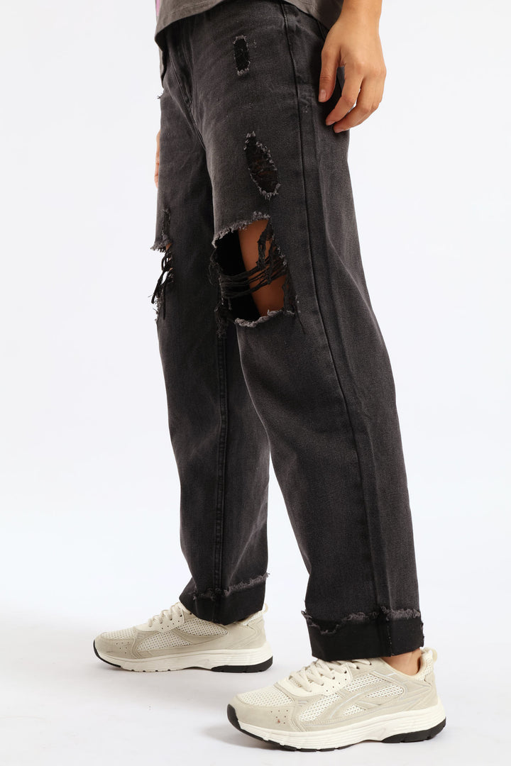 Ripped Knee Boyfriend Jean - Salty Black