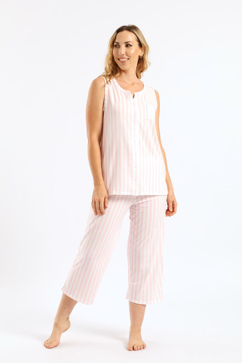Button Through & Capri Stripe Knit Set - White/Pink