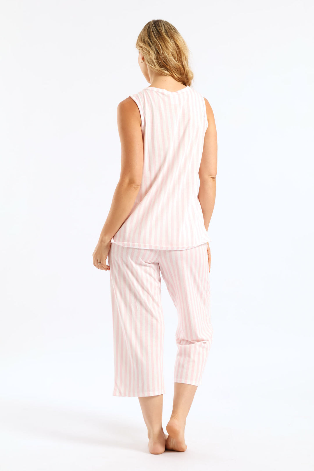 Button Through & Capri Stripe Knit Set - White/Pink