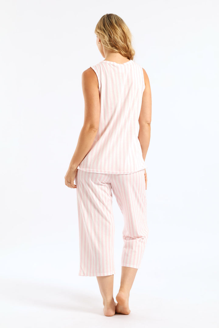 Button Through & Capri Stripe Knit Set - White/Pink
