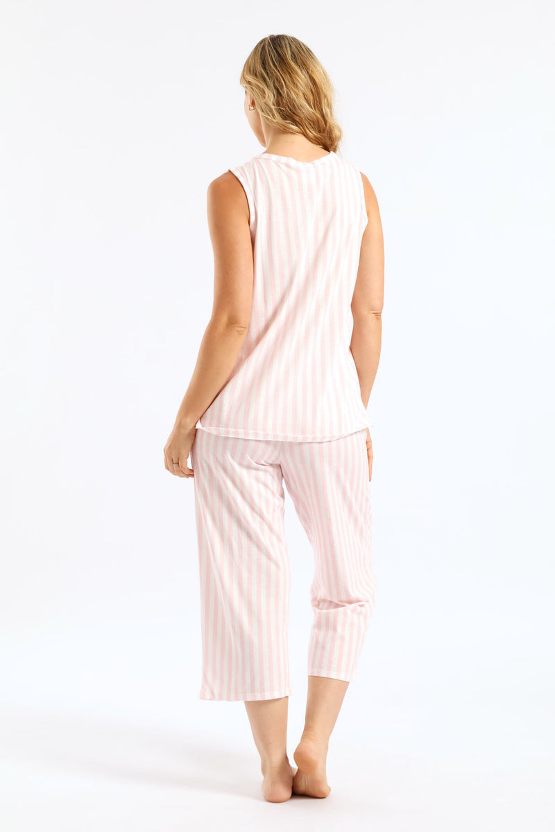 Button Through & Capri Stripe Knit Set - White/Pink