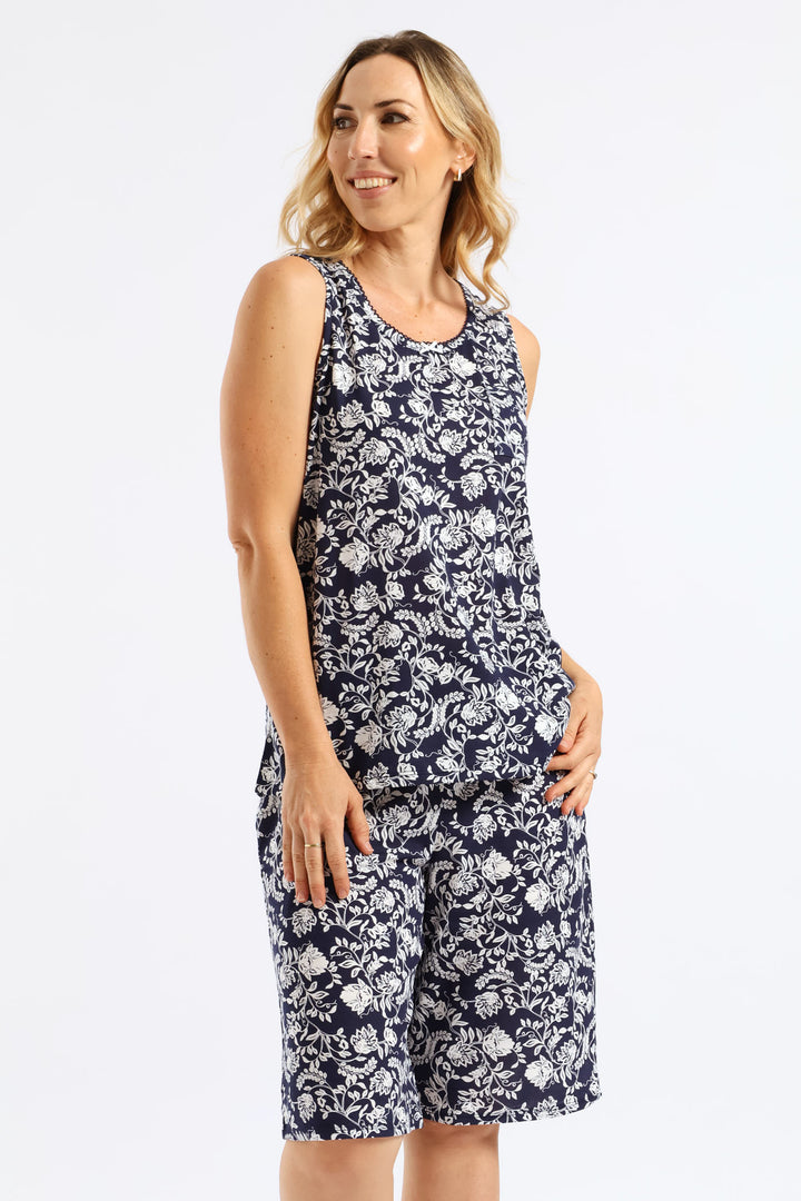 Floral Damask Knit Short Sleep Set - Navy