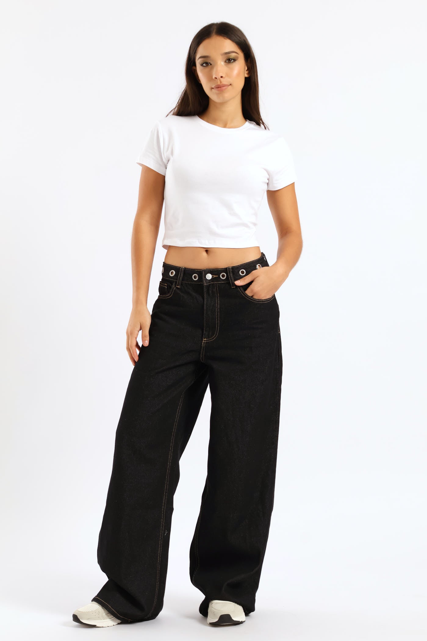 【BLACK】Easy baggy denim Ladies Eyelet Waist Band Baggy Denim - Black – Edgars