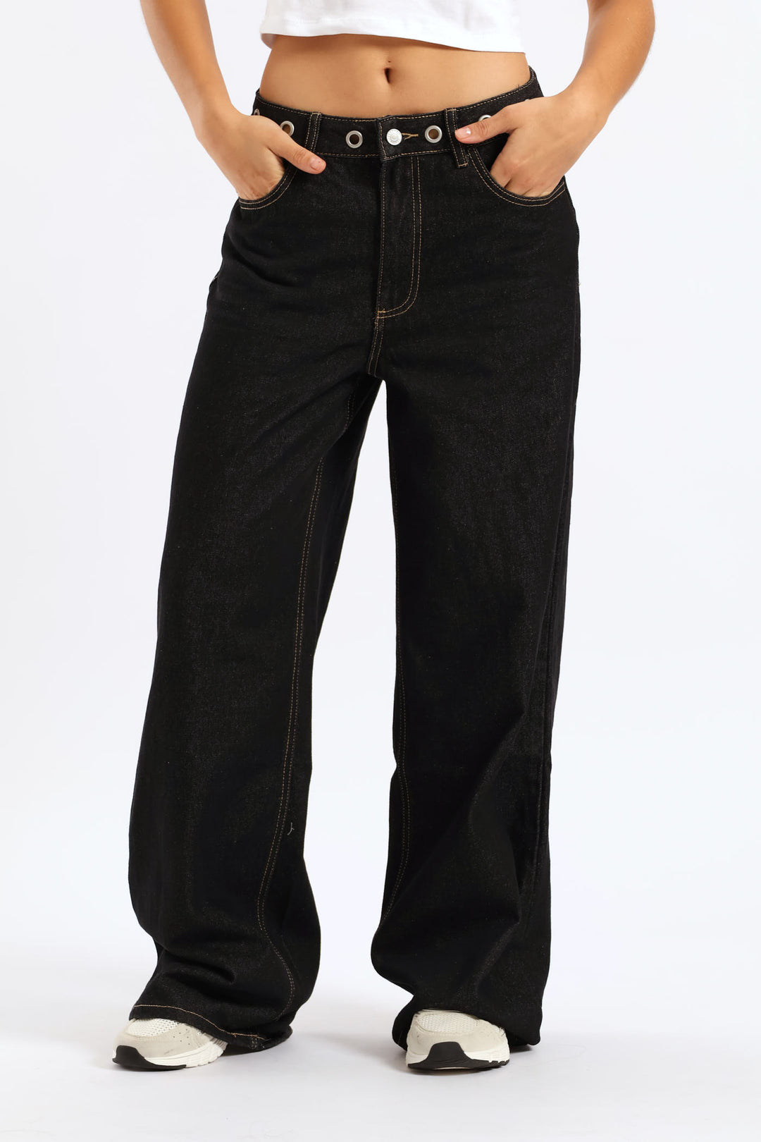 Eyelet Waist Band Baggy Denim - Black