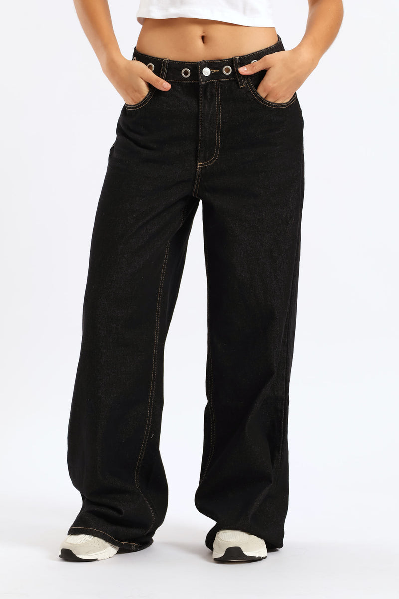 Eyelet Waist Band Baggy Denim - Black
