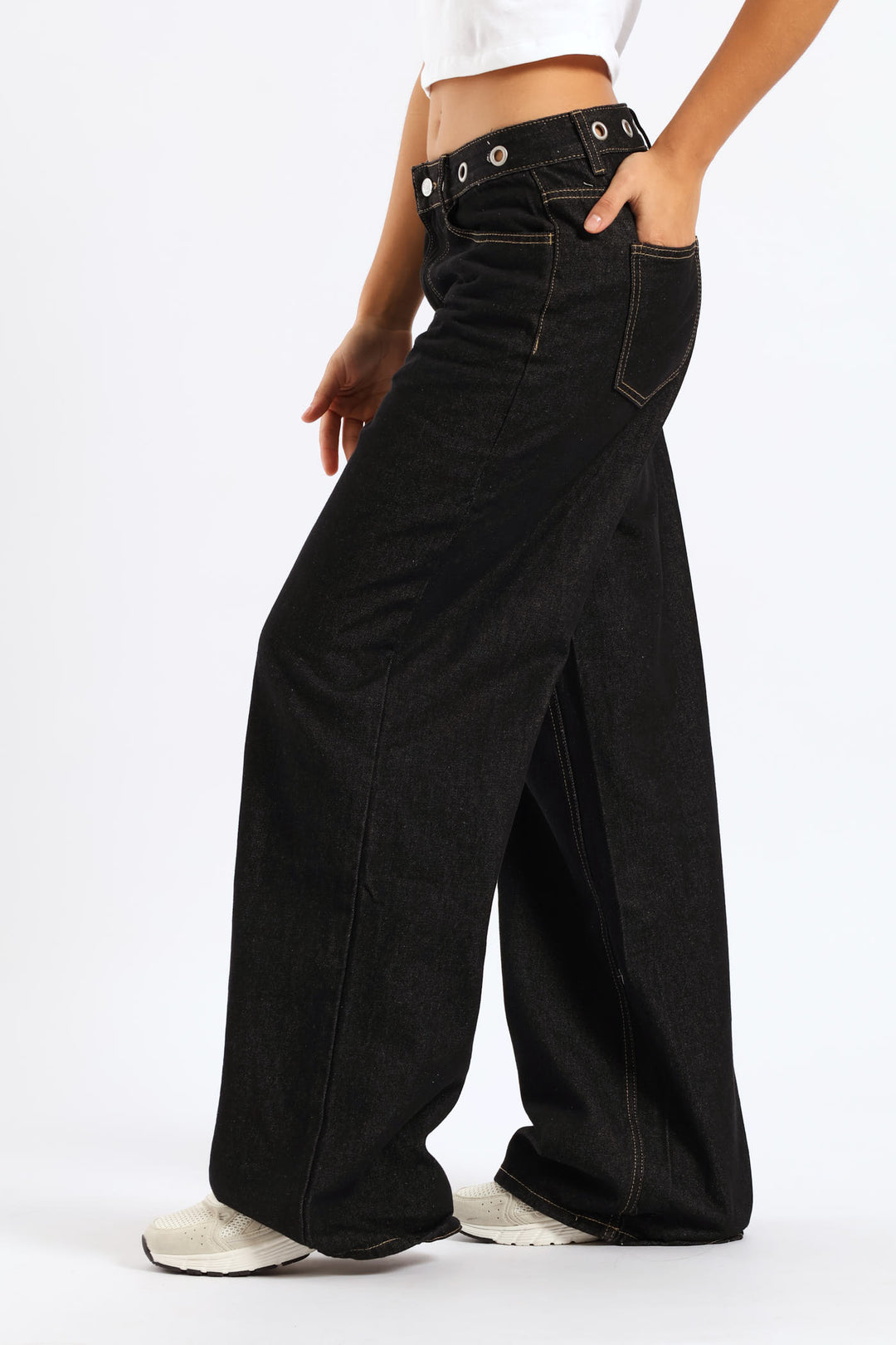 Eyelet Waist Band Baggy Denim - Black