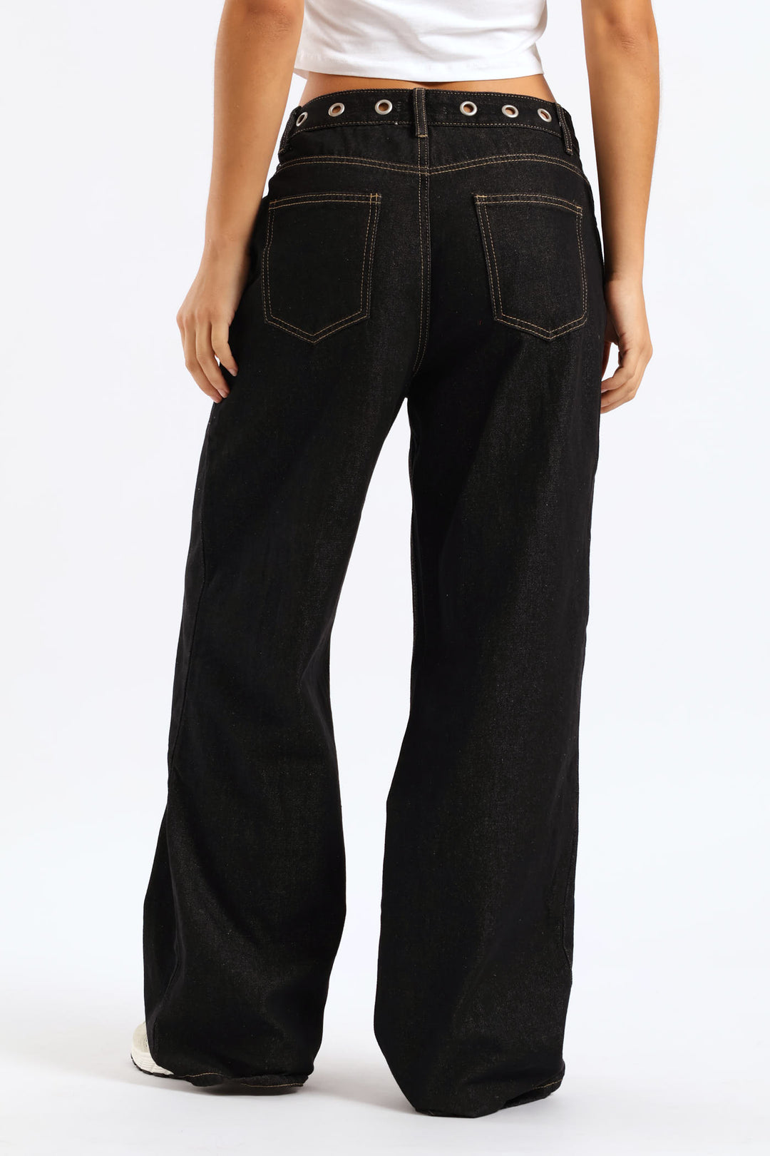 Eyelet Waist Band Baggy Denim - Black