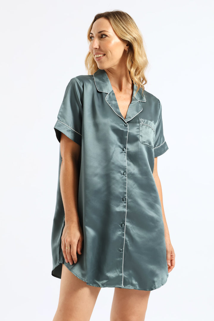 Short Sleeve Satin Button Thru Sleepshirt - Mid Green