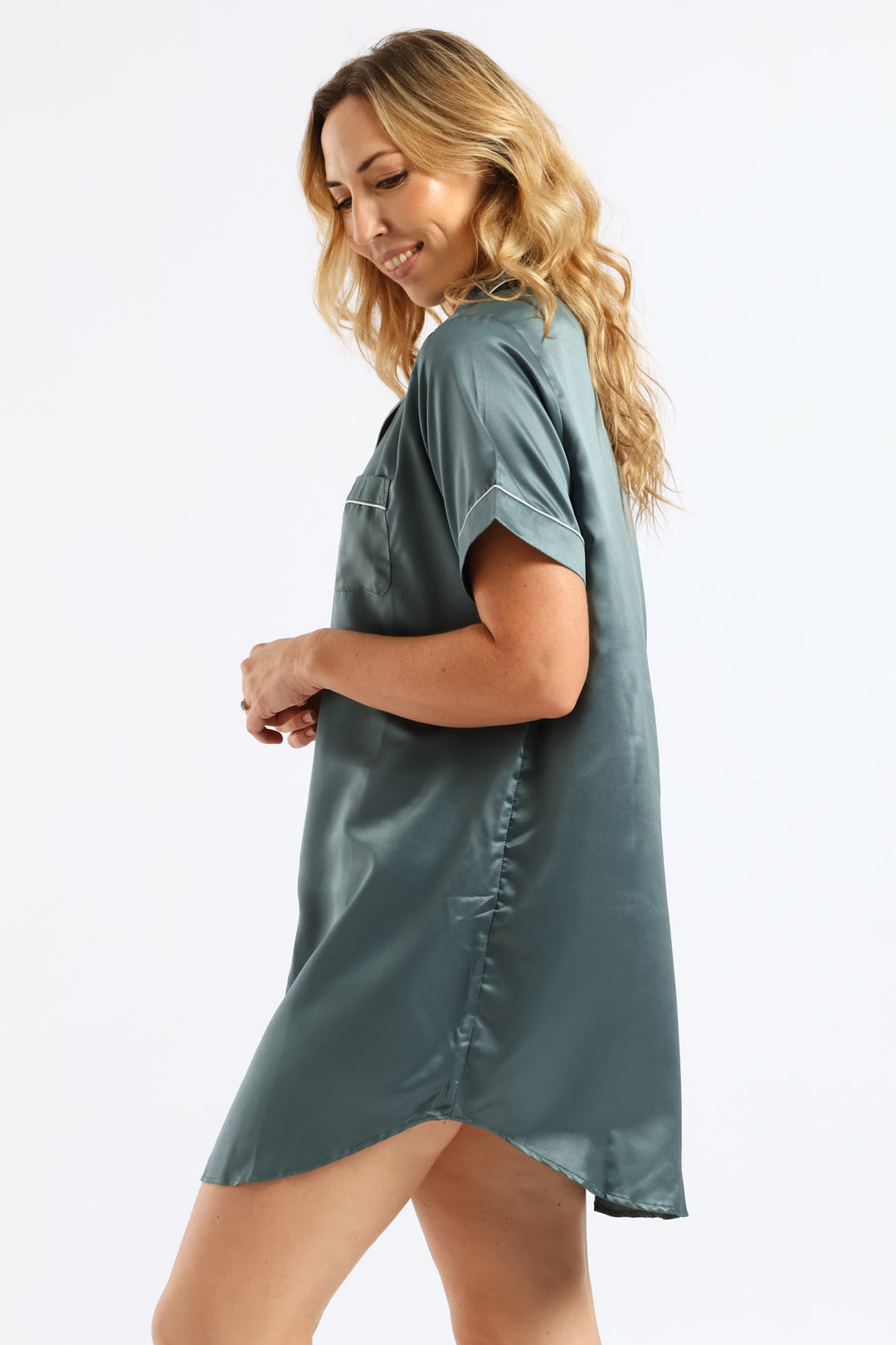 Short Sleeve Satin Button Thru Sleepshirt - Mid Green