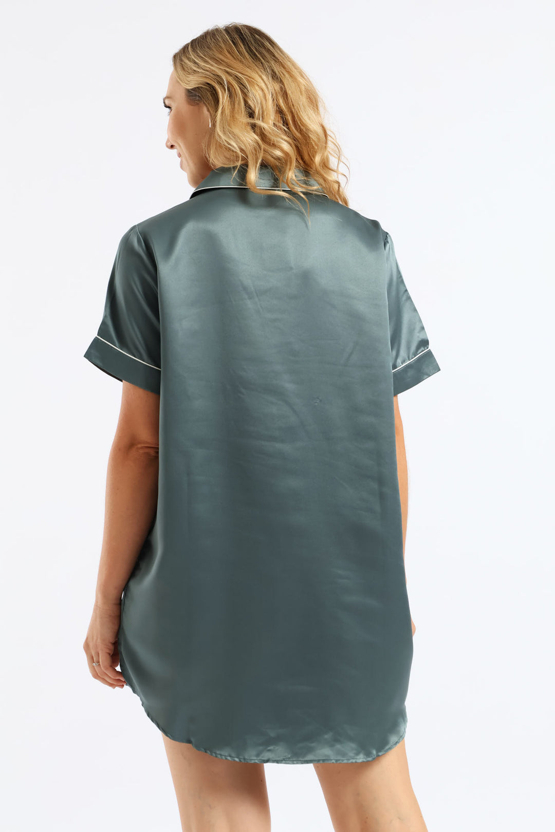 Short Sleeve Satin Button Thru Sleepshirt - Mid Green