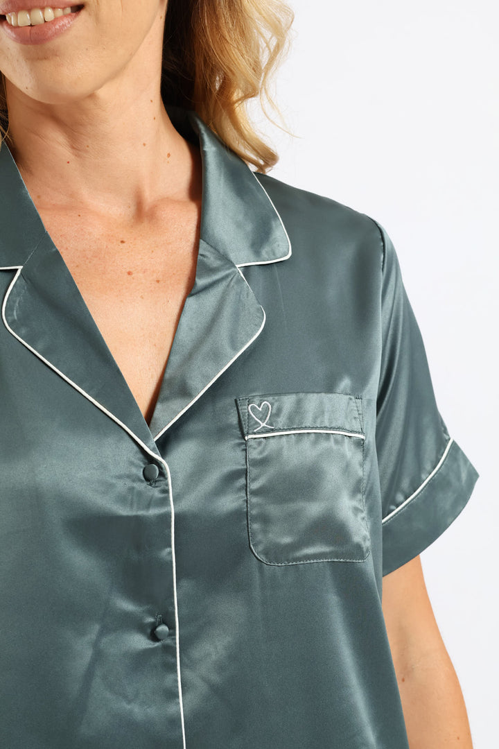 Short Sleeve Satin Button Thru Sleepshirt - Mid Green