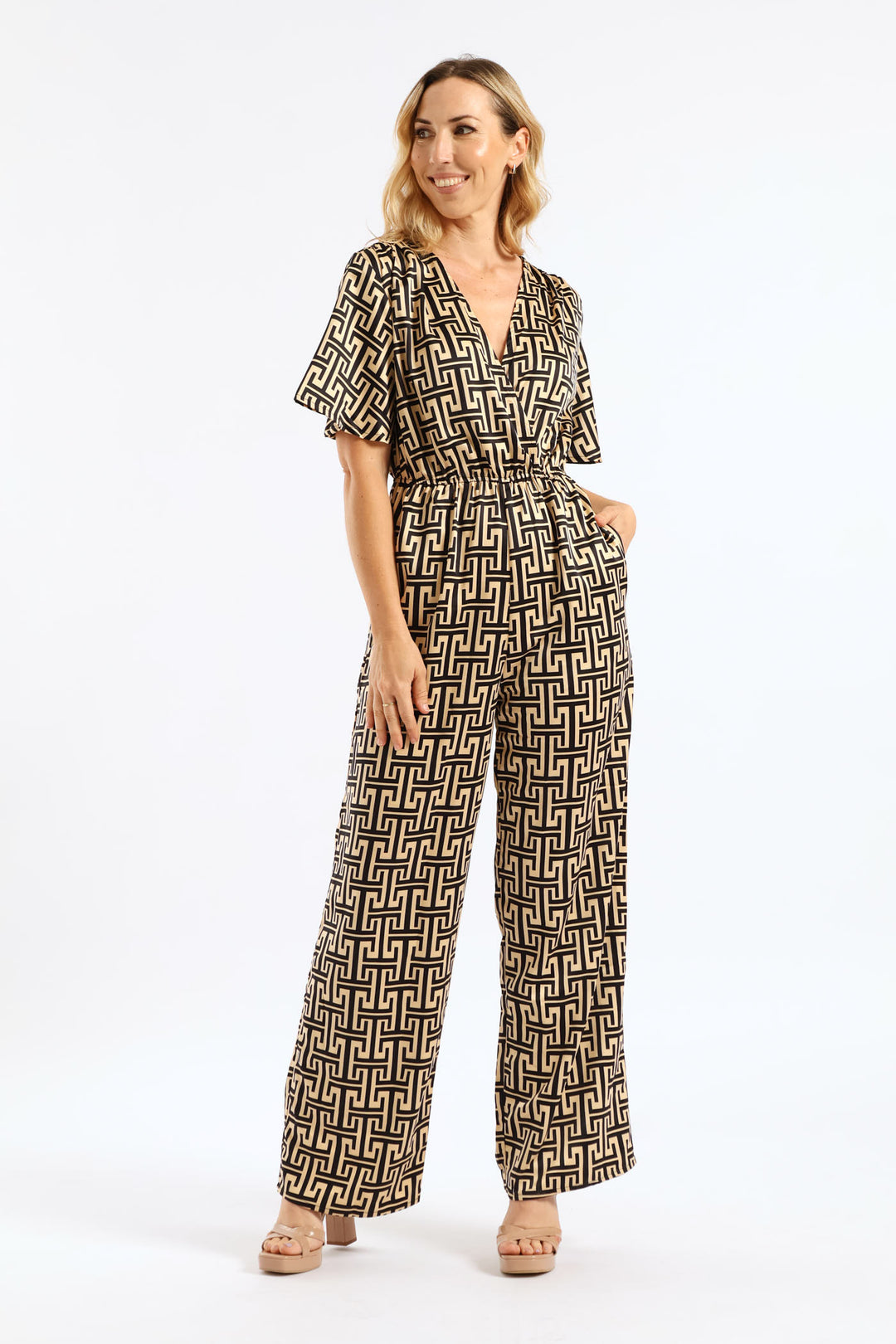 Geo Satin Jumpsuit - Black/Cream