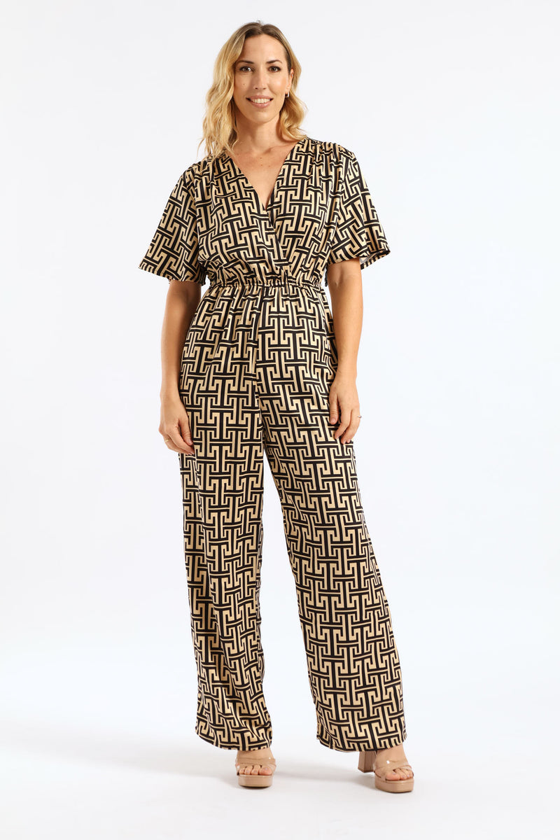 Geo Satin Jumpsuit - Black/Cream