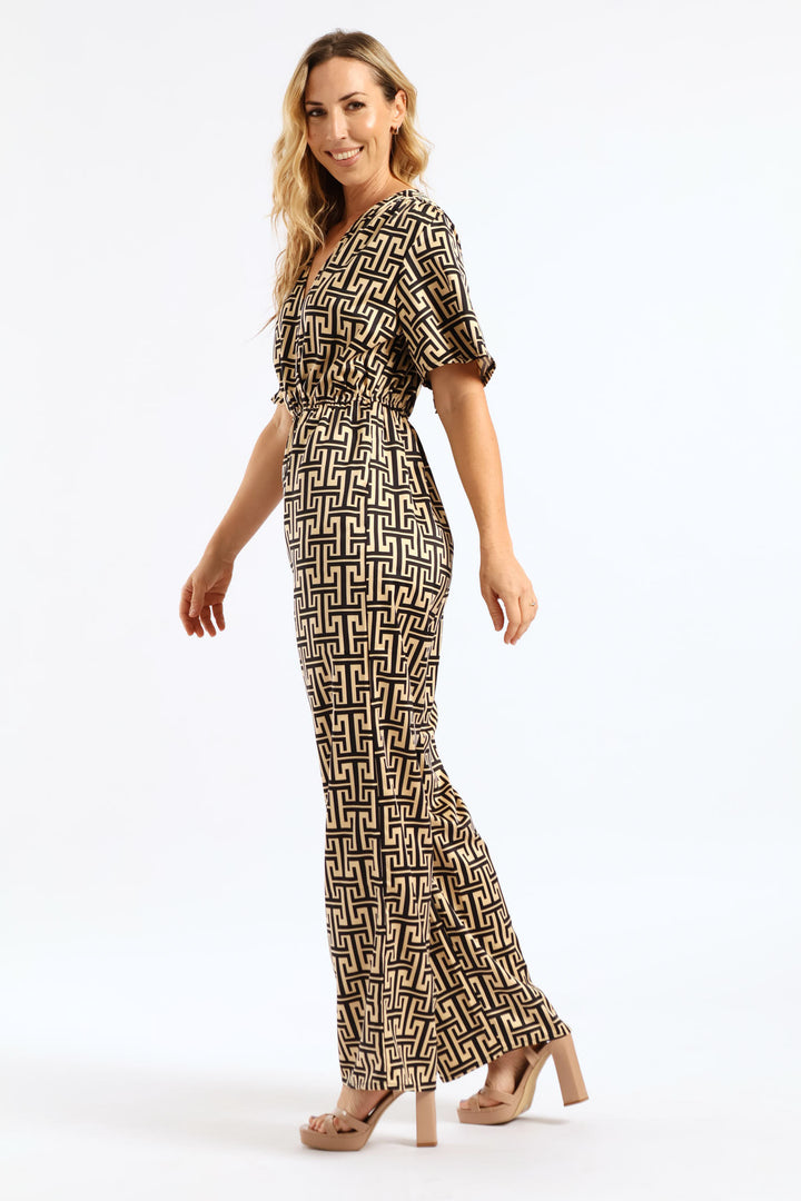 Geo Satin Jumpsuit - Black/Cream