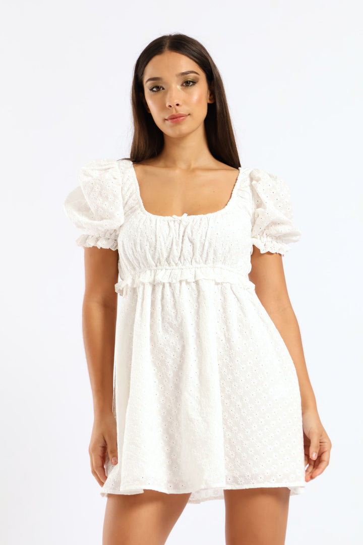 Short Sleeve Mini Babydoll Dress - White