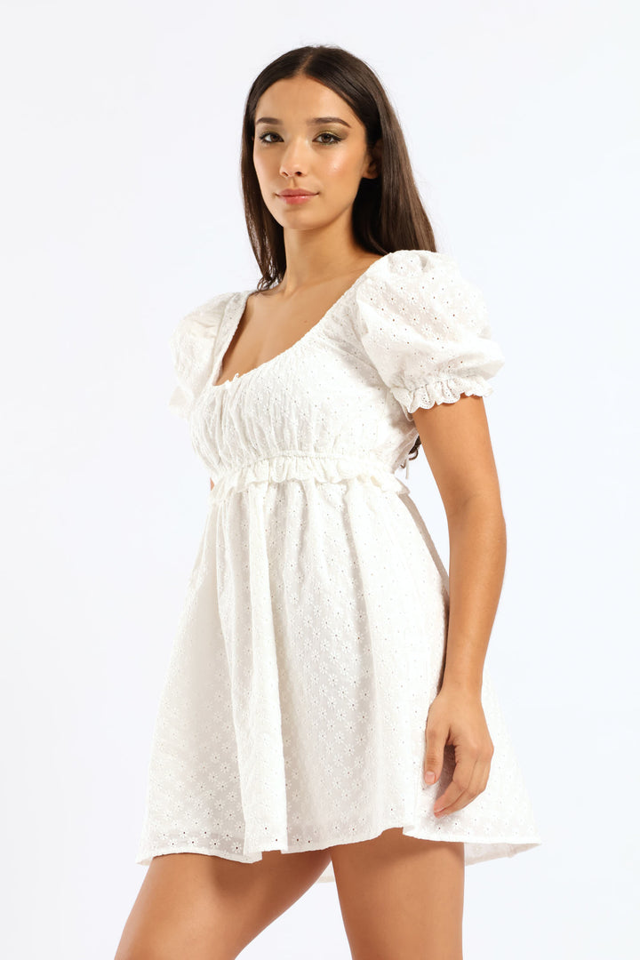 Short Sleeve Mini Babydoll Dress - White