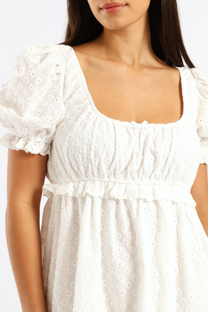 Short Sleeve Mini Babydoll Dress - White