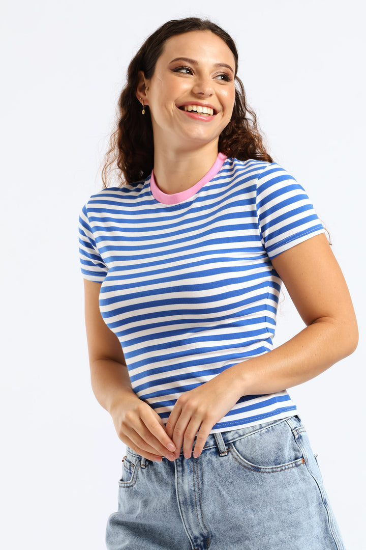 Contrast Neckline Stripe Tee - Blue