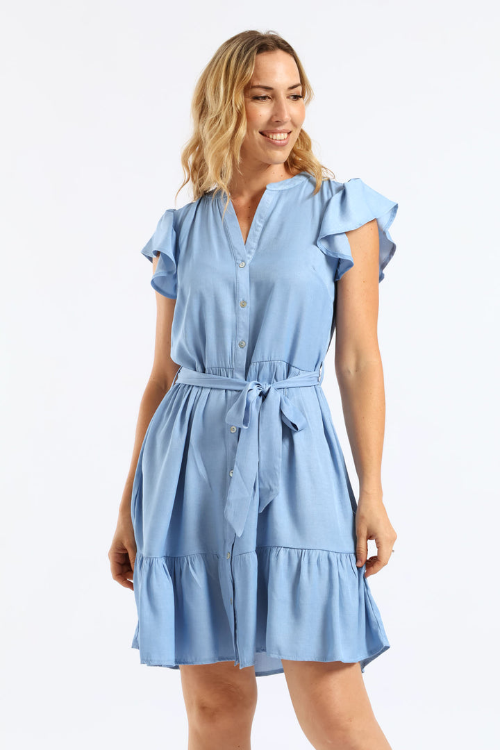 Frill Sleeve V-Neck Chambray Tiered Shirt Mini Dress - Light Wash
