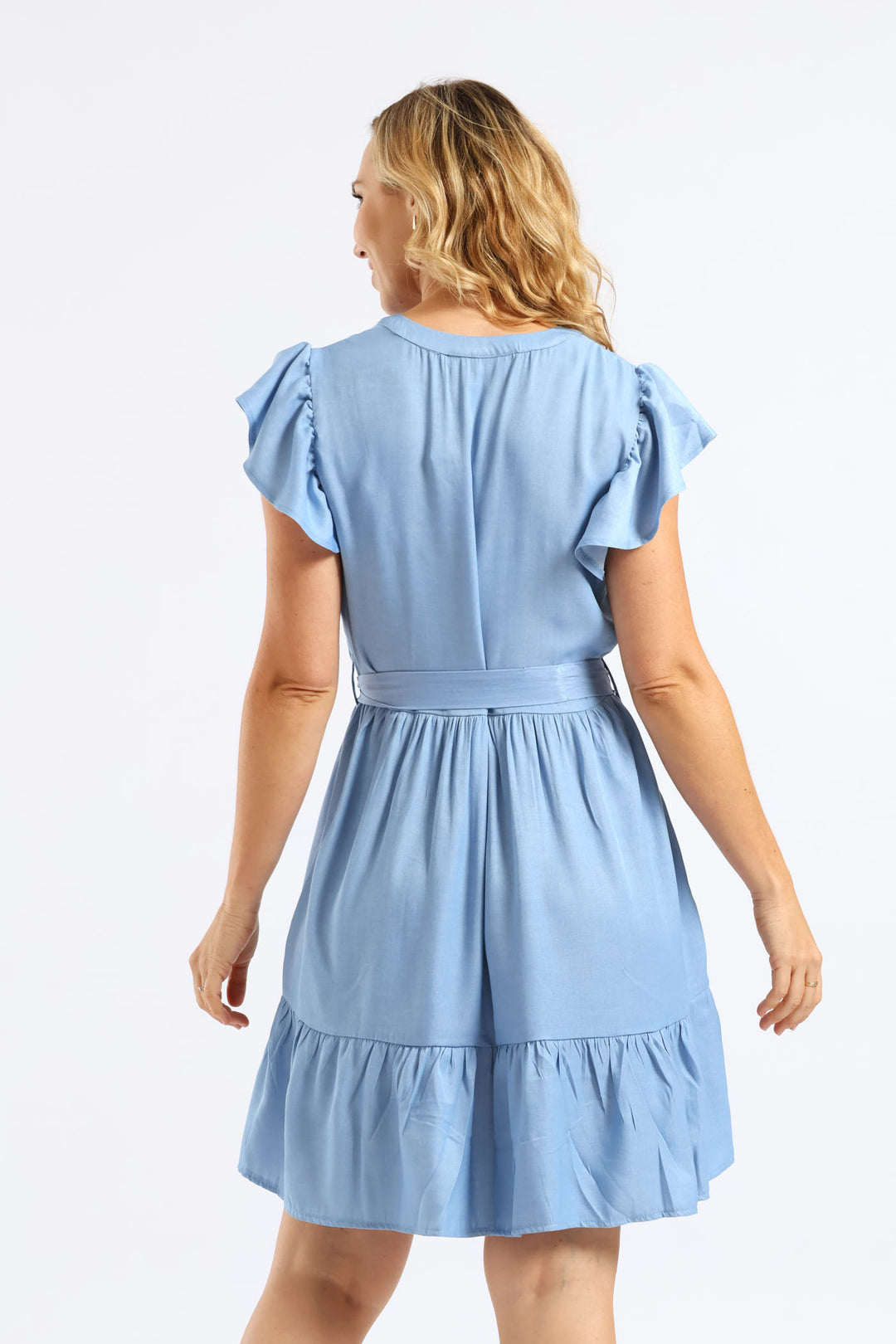 Frill Sleeve V-Neck Chambray Tiered Shirt Mini Dress - Light Wash