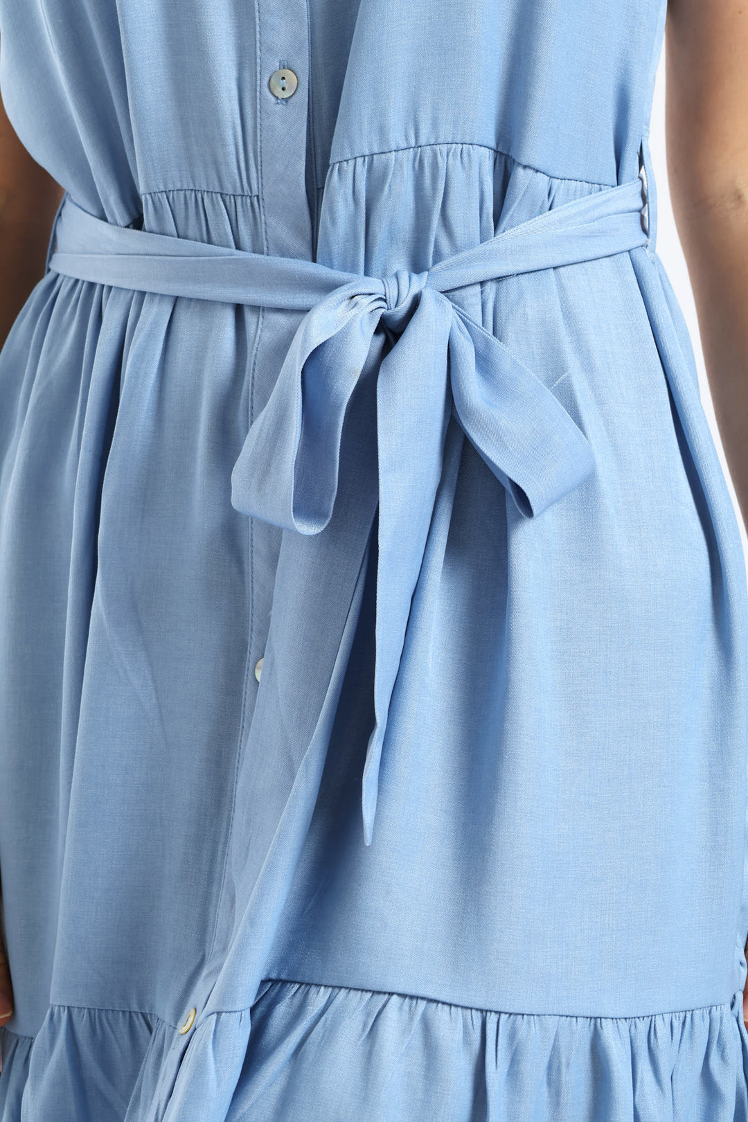 Frill Sleeve V-Neck Chambray Tiered Shirt Mini Dress - Light Wash