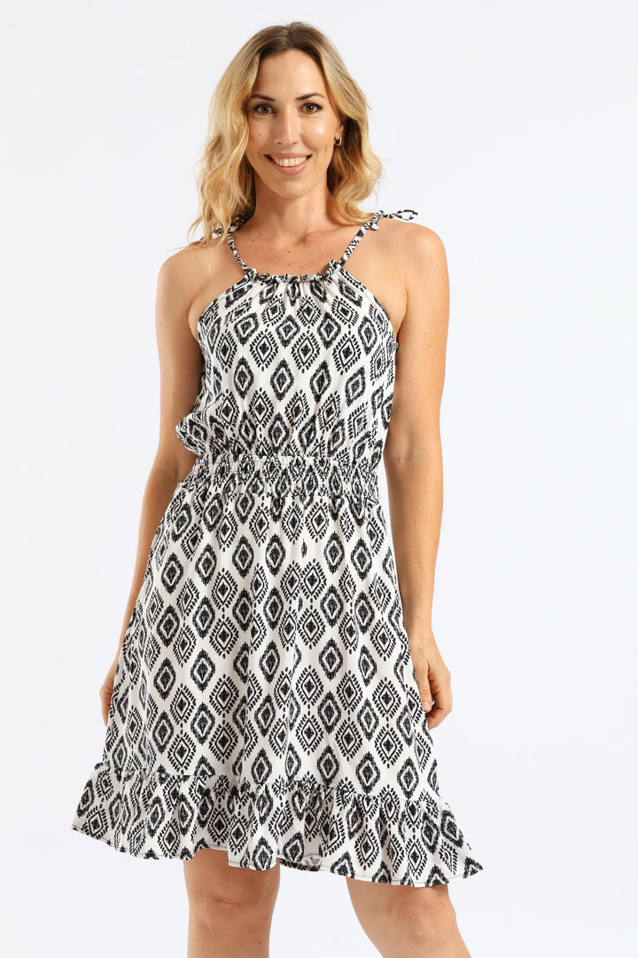 Strappy Shirred Waist Printed Mini Dress - White/Black