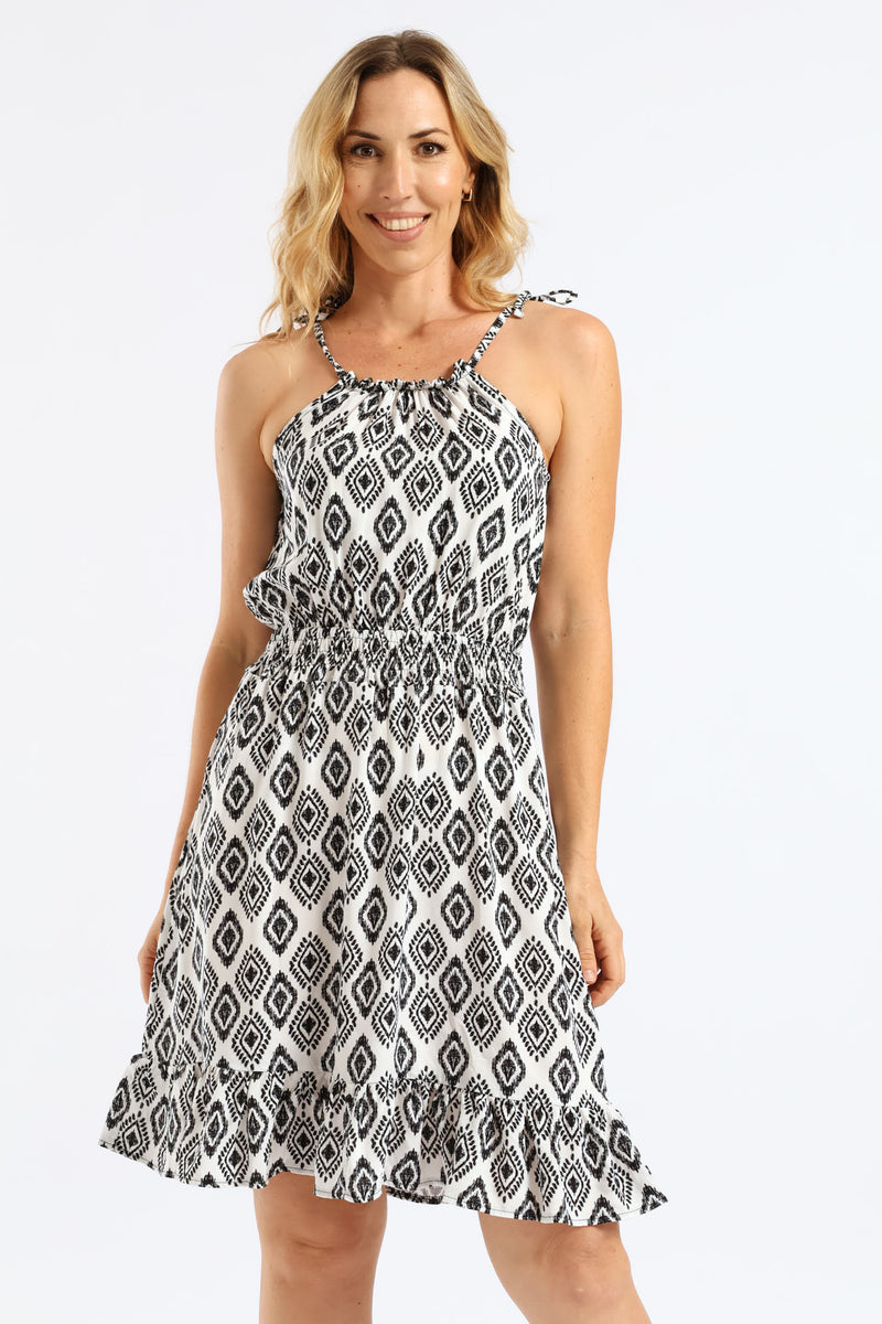 Strappy Shirred Waist Printed Mini Dress - White/Black
