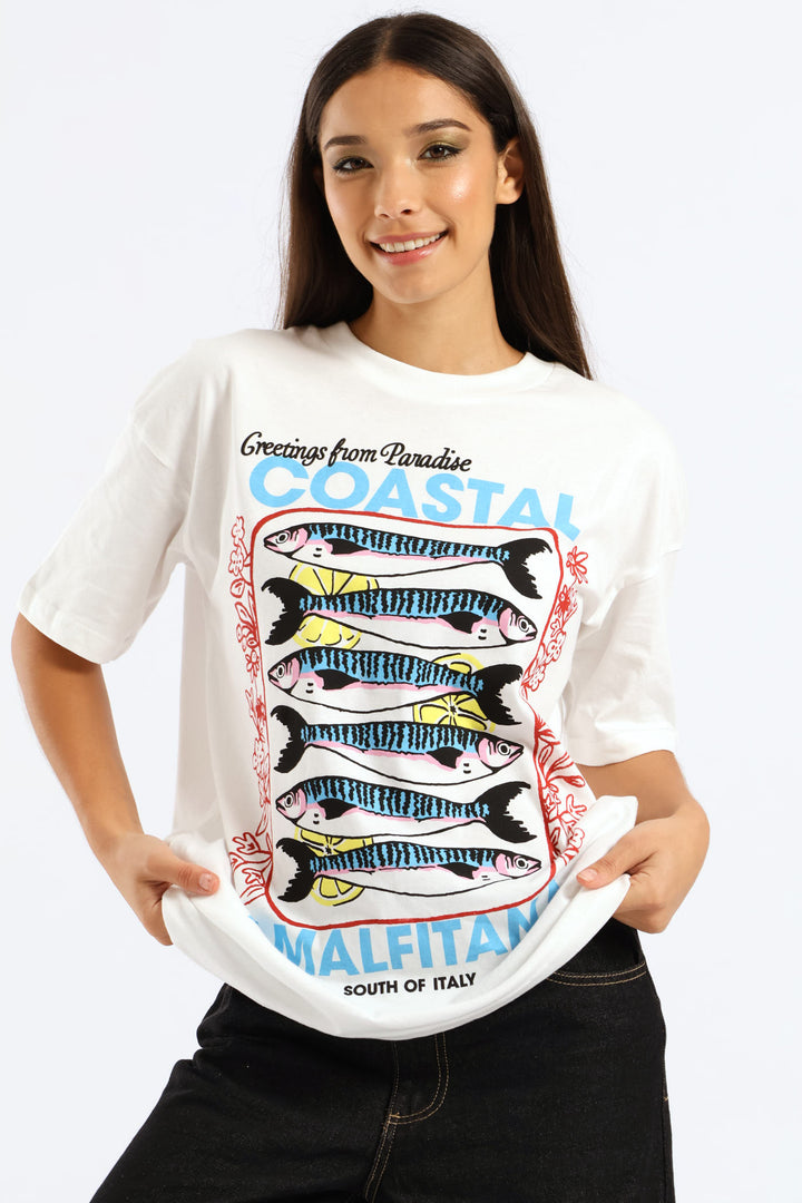 Oversized Sardine Printed Tee - White