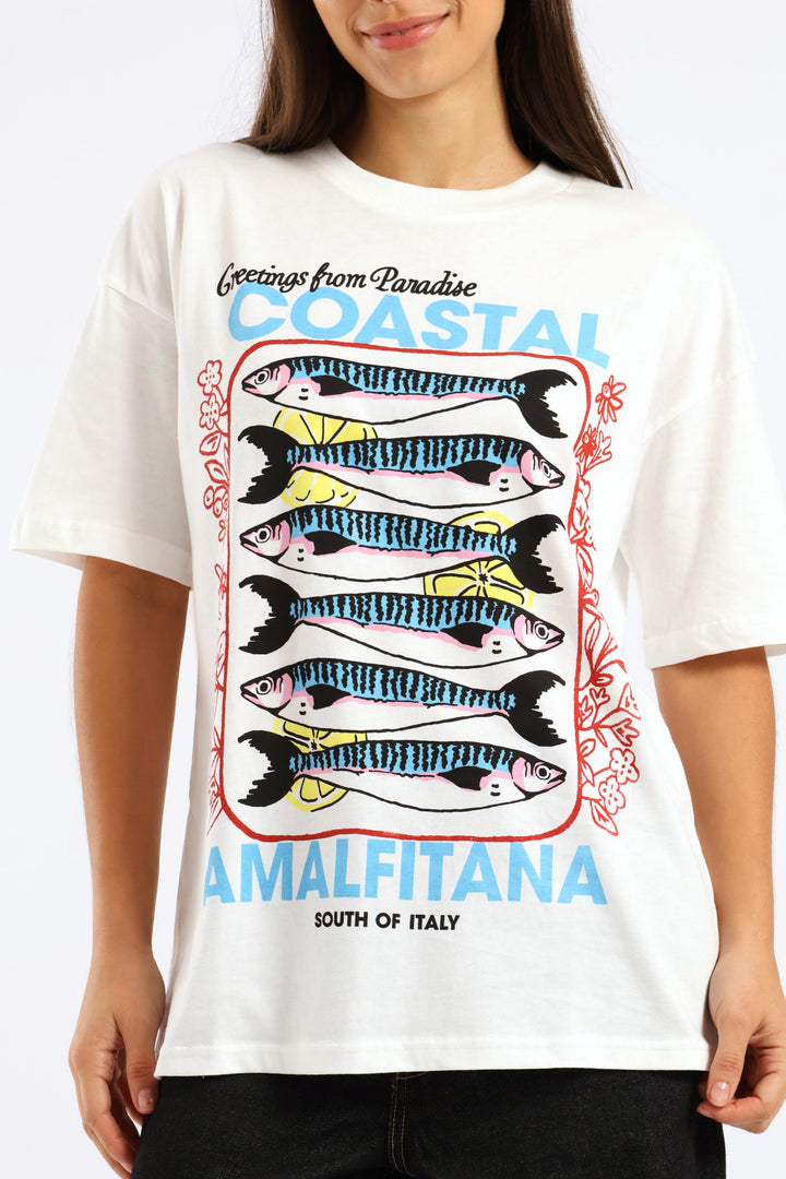 Oversized Sardine Printed Tee - White