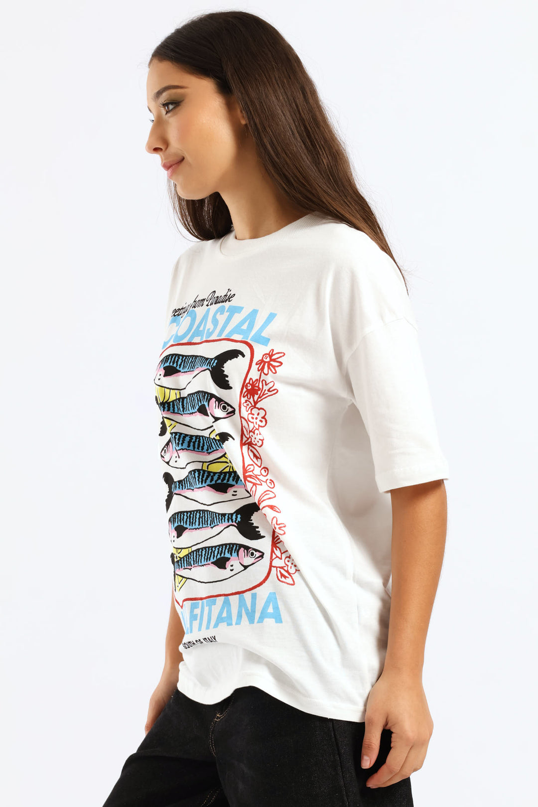 Oversized Sardine Printed Tee - White