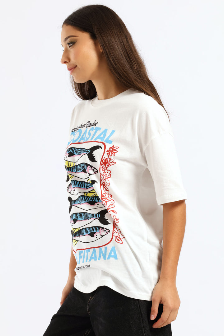 Oversized Sardine Printed Tee - White
