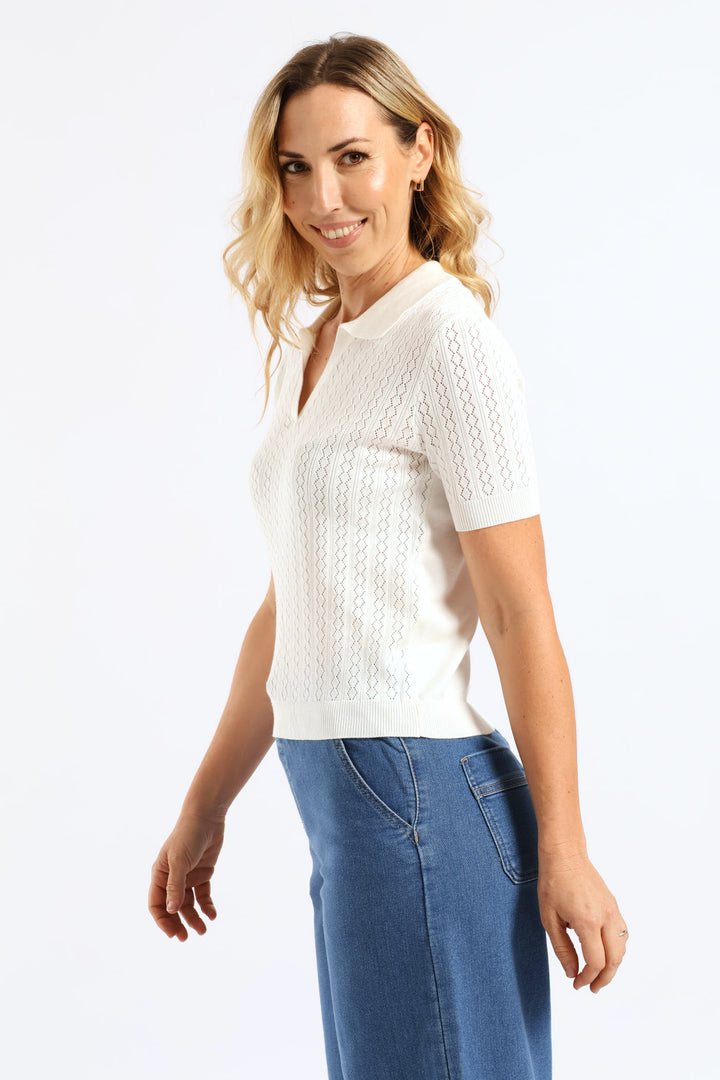 Johnny Collar Knitwear Top - White