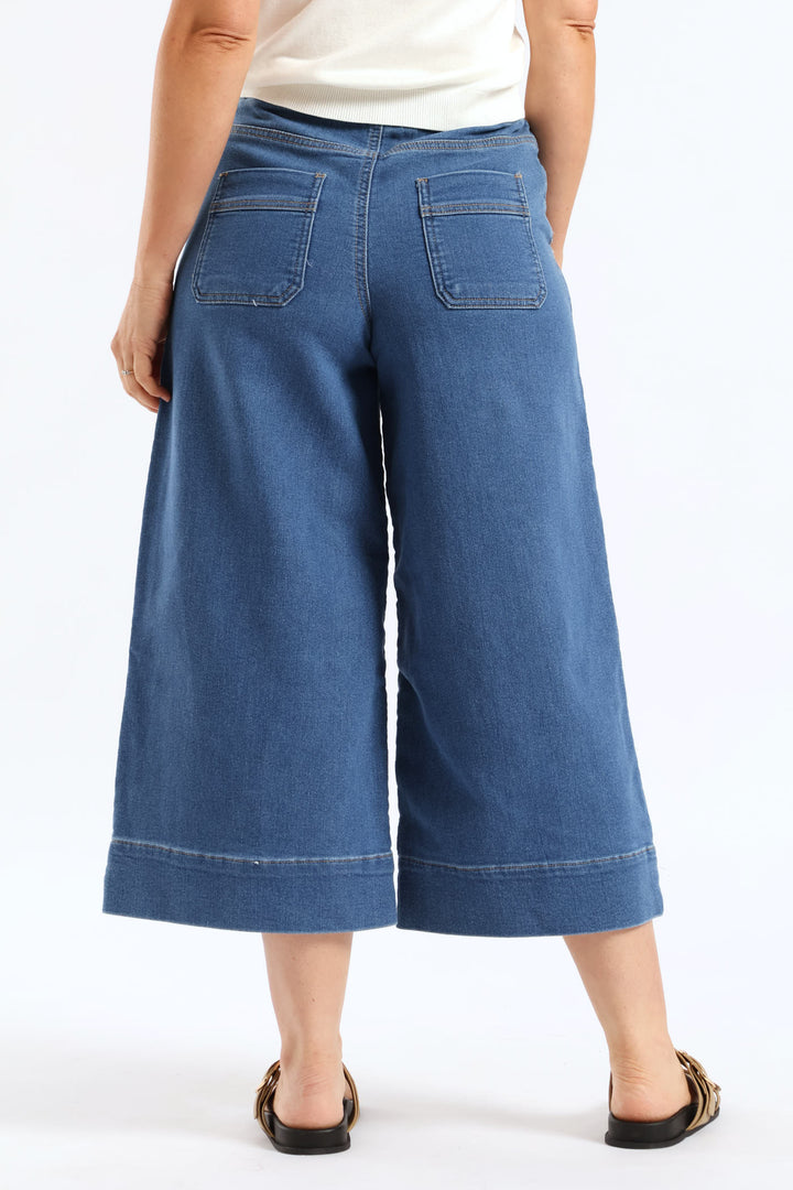 Super High Waist Wide Leg Culotte Jegging  - Mid Wash
