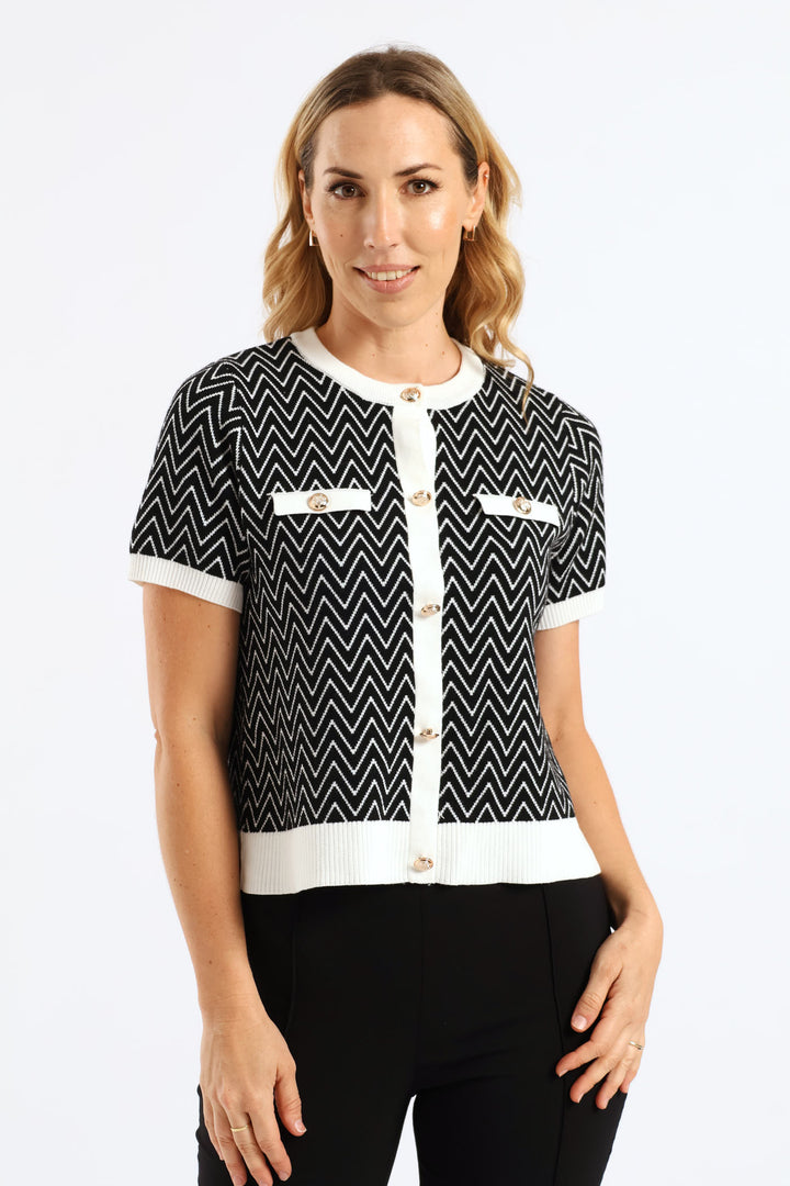 Chevron Preppy Tipped Cardigan - Black/Cream