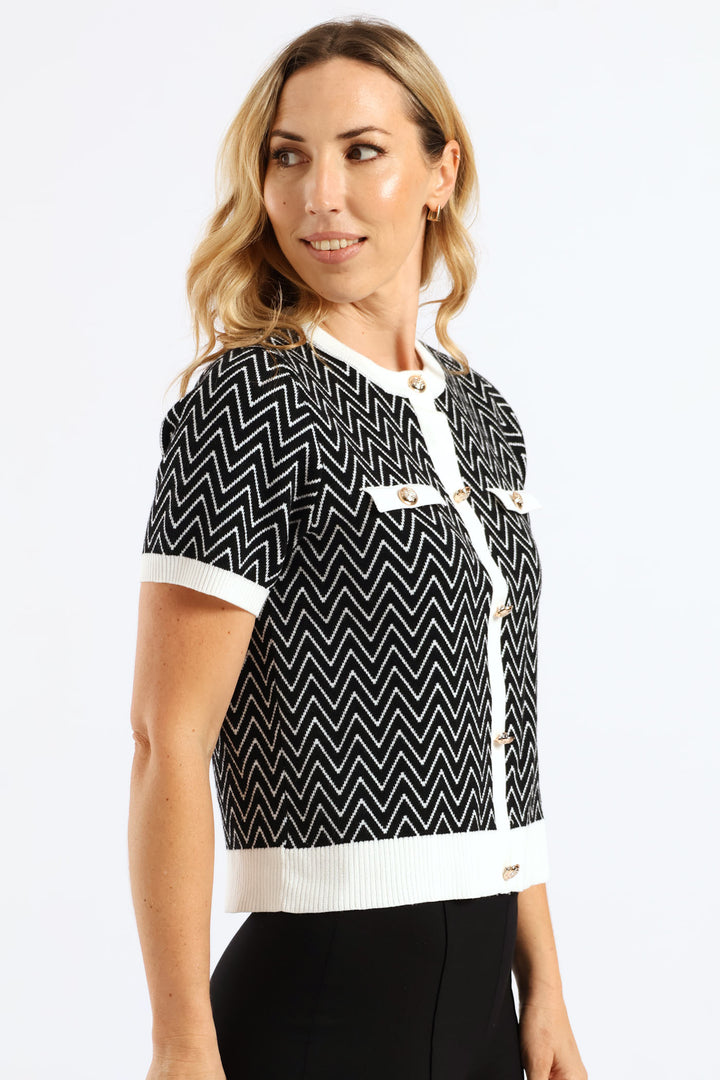 Chevron Preppy Tipped Cardigan - Black/Cream