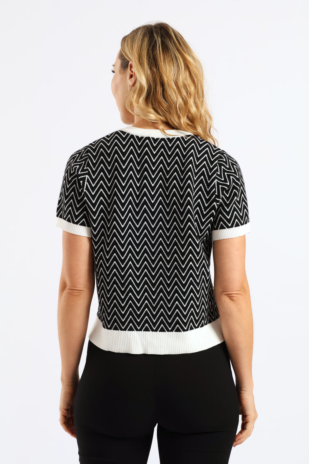 Chevron Preppy Tipped Cardigan - Black/Cream