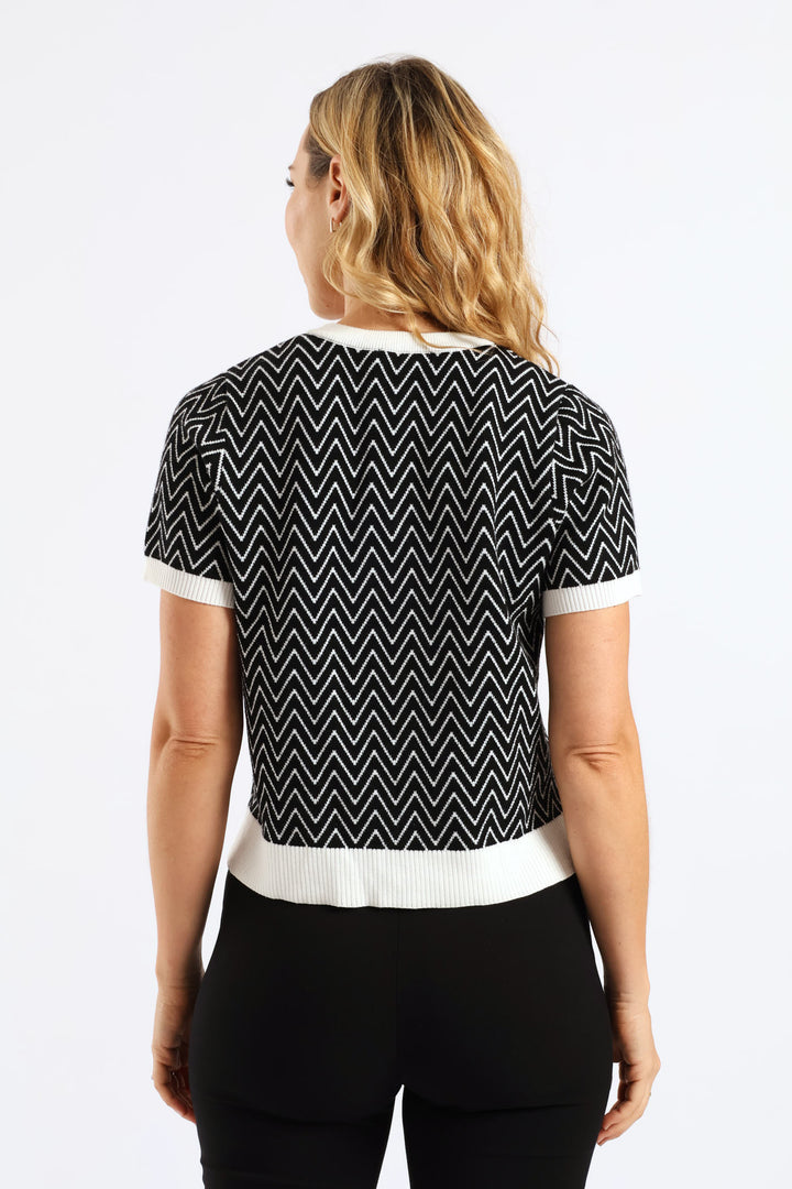 Chevron Preppy Tipped Cardigan - Black/Cream