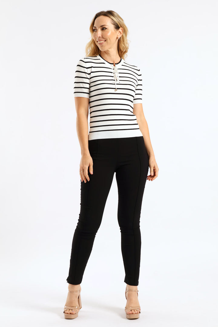 Tie Up Striped Pullover - White/Black