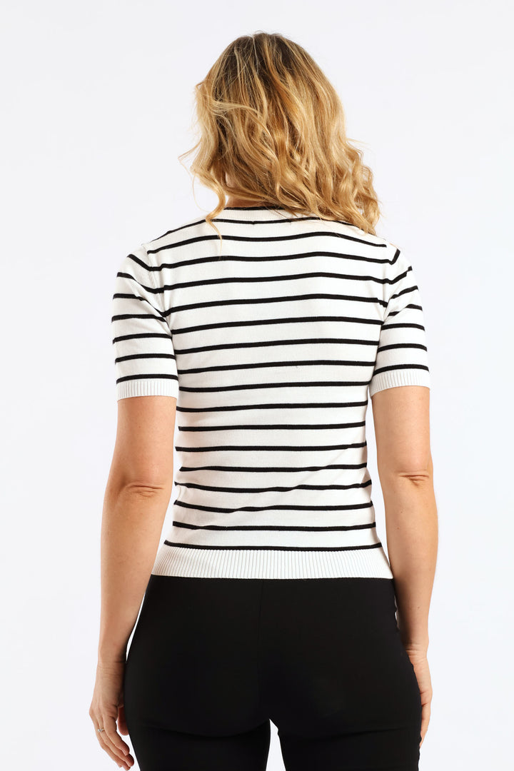 Tie Up Striped Pullover - White/Black