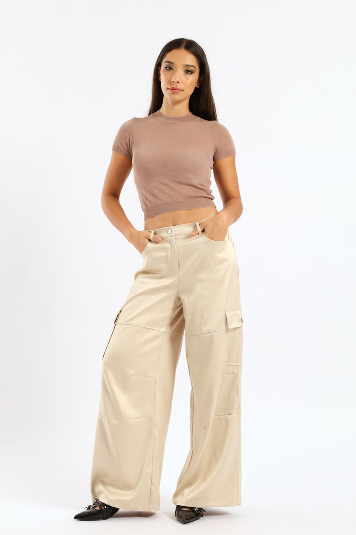 Short Sleeve Cropped Sweater - Coffee