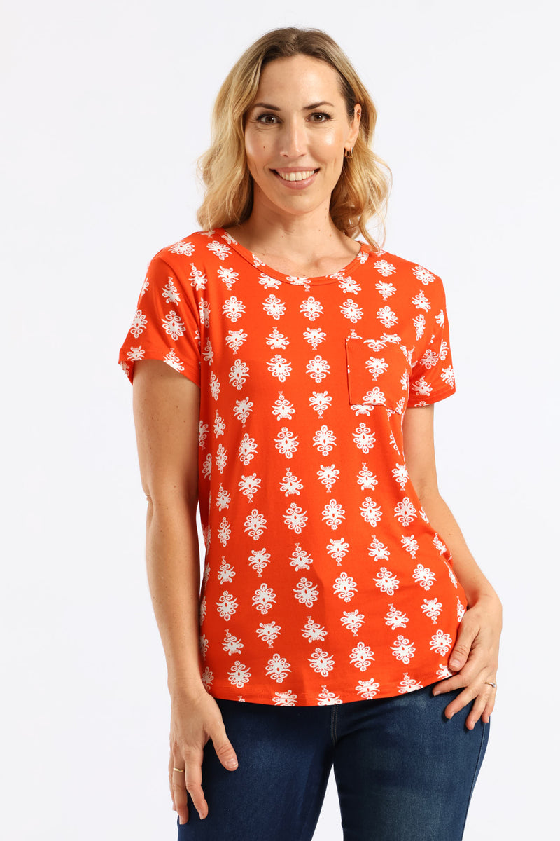 Printed Pocket Tee - Orange/White