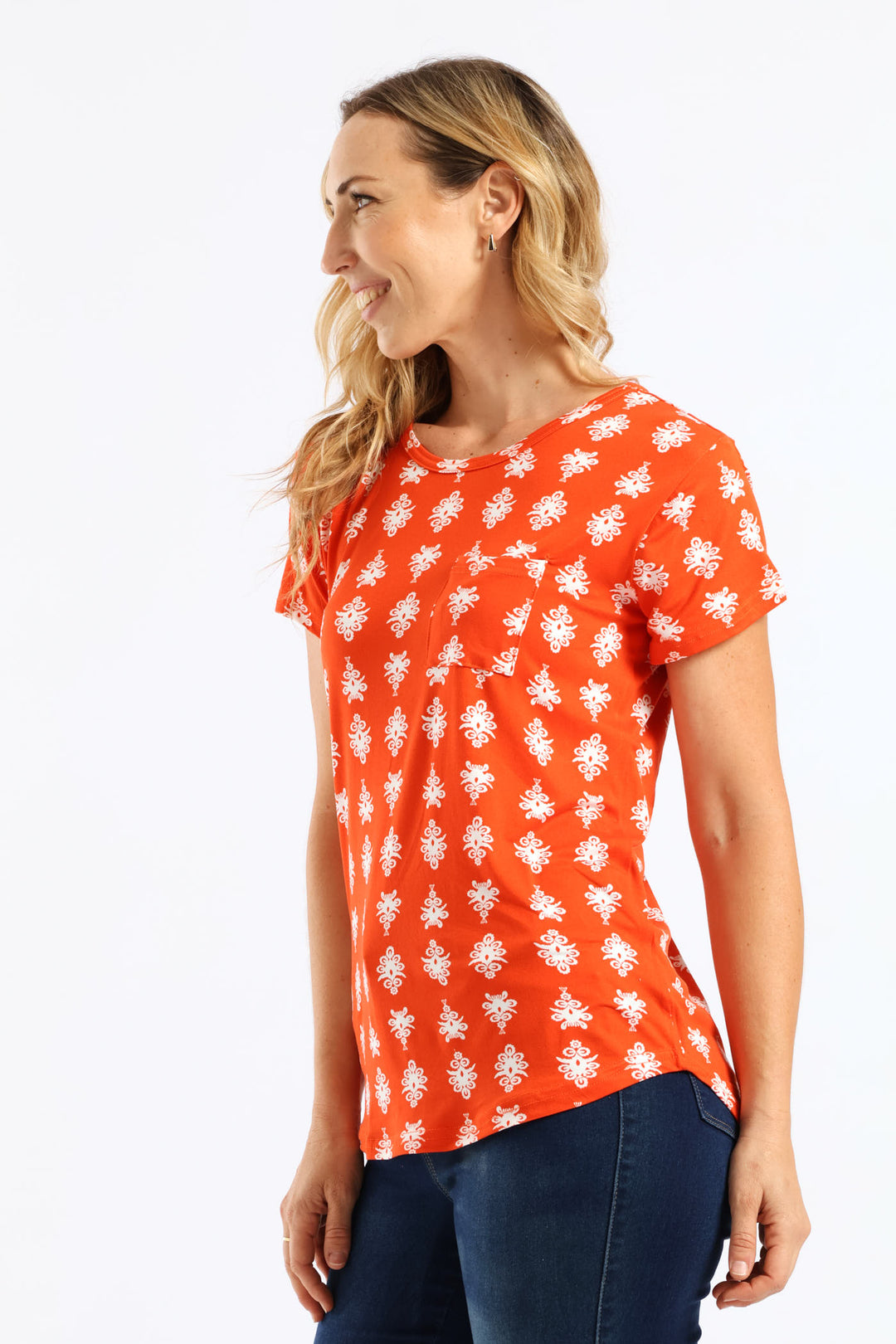 Printed Pocket Tee - Orange/White