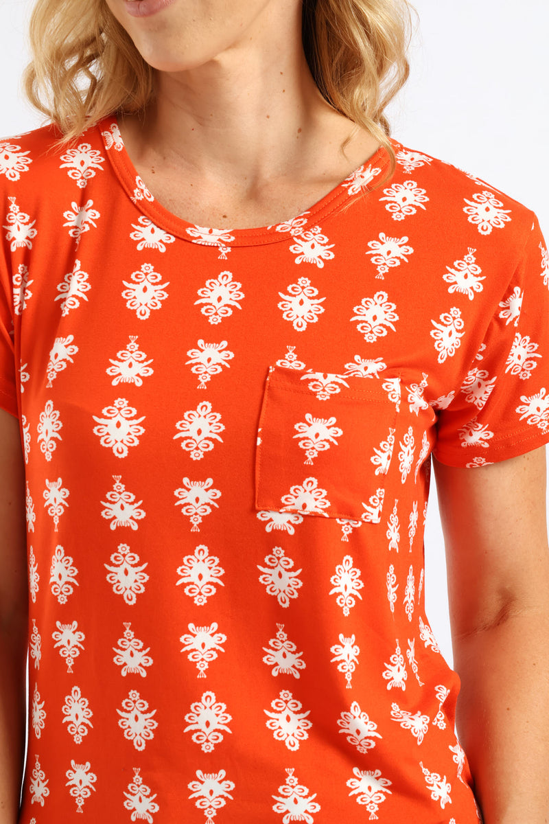 Printed Pocket Tee - Orange/White