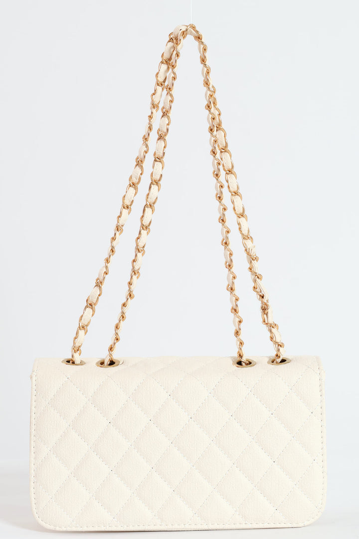 Quilted Chain Satchel Bag - Cream