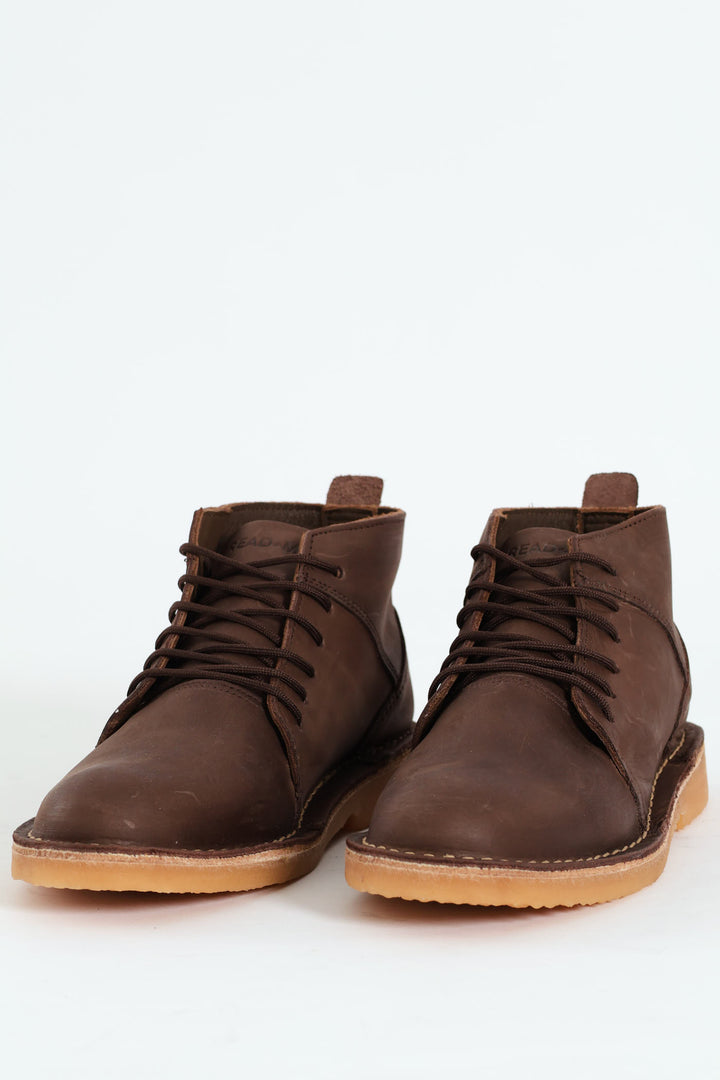 Leather Stitched Down Lace Up Boot - Brown